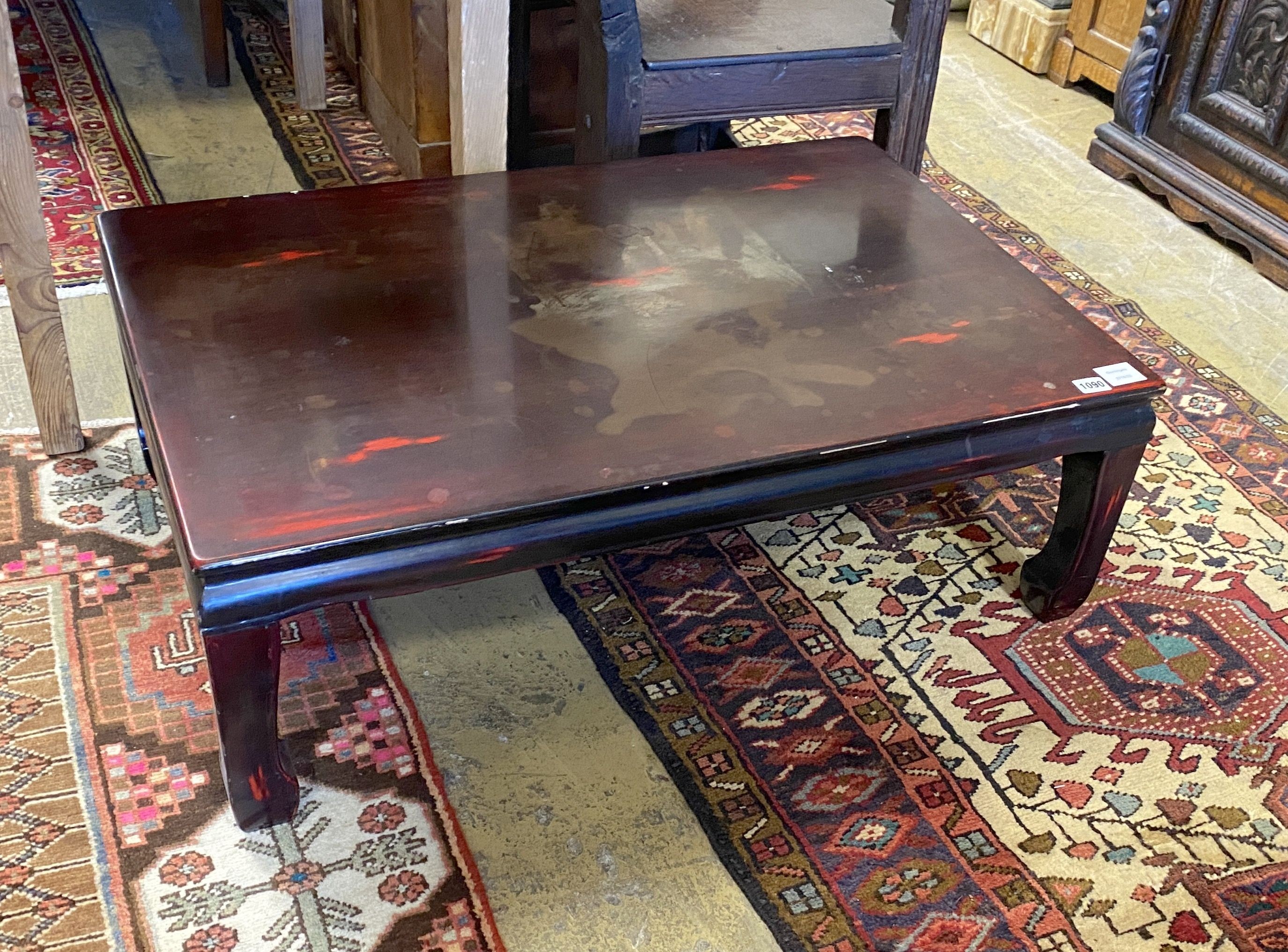 A modern Chinese rectangular low lacquered coffee / occasional table, length 90cm, depth 60cm, height 30cm